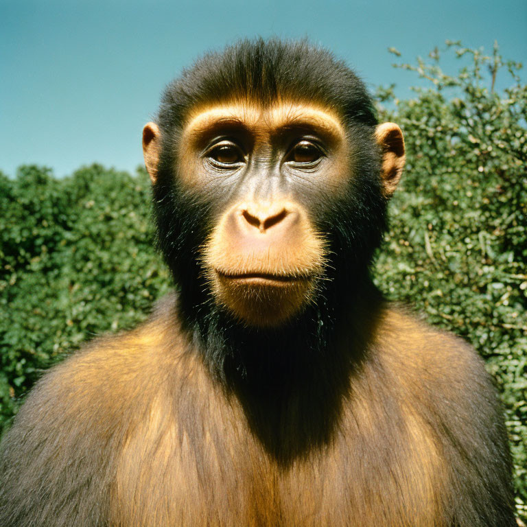 Brown-furred monkey with dark eyes in green foliage and blue sky