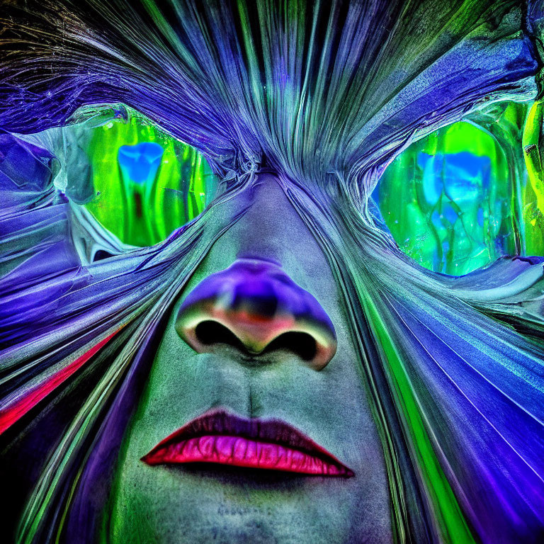 Abstract Image: Blue and Green Hues, Human-like Face with Red Lips