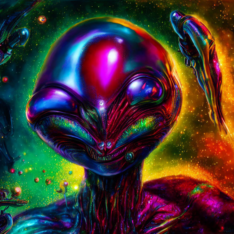 Colorful alien figure in cosmic setting with big eyes and large head