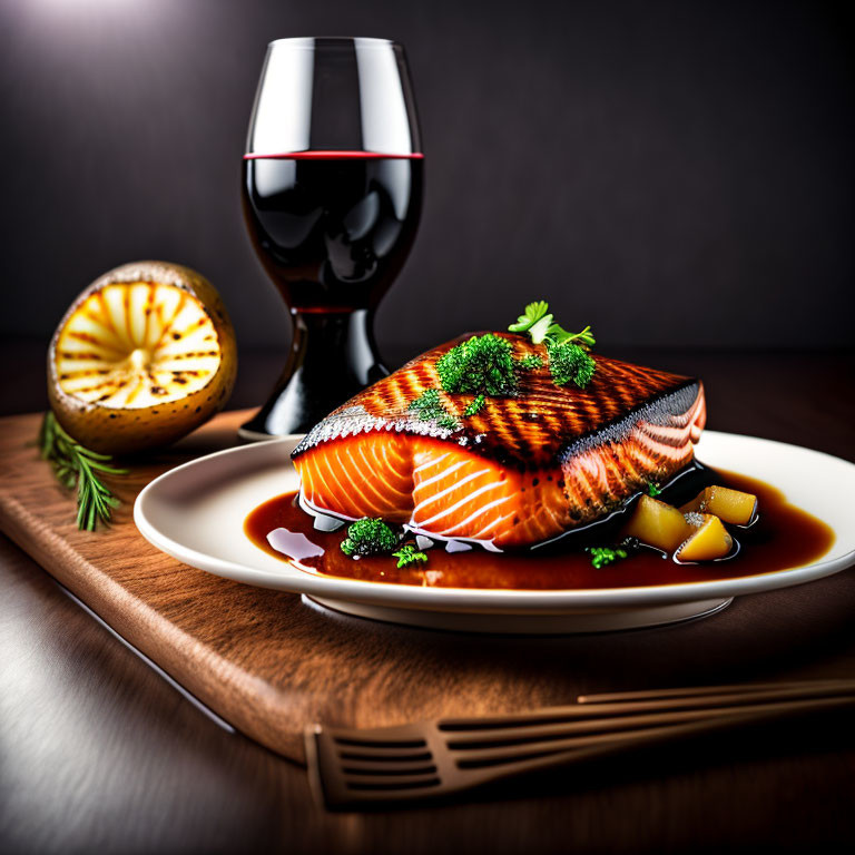 Grilled Salmon Fillet with Sauce and Garnish on White Plate