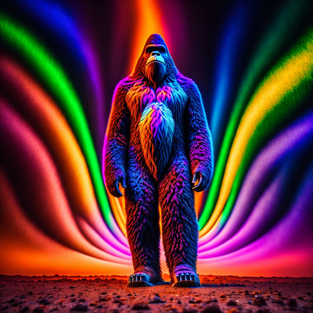 Colorful furry creature with heart design on chest in front of swirling rainbow.