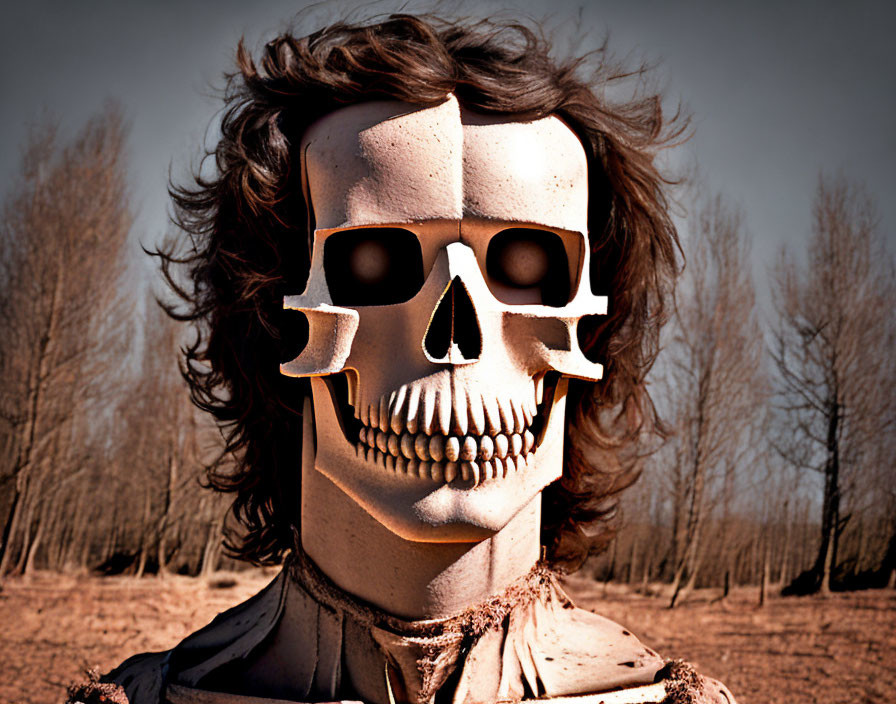 Skull mask with sunglass-shaped eyes on person in brown outfit