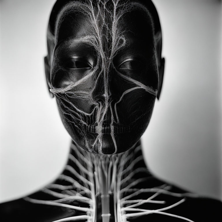 Detailed Monochrome Face and Neck Painted as Anatomical Muscles and Nerves