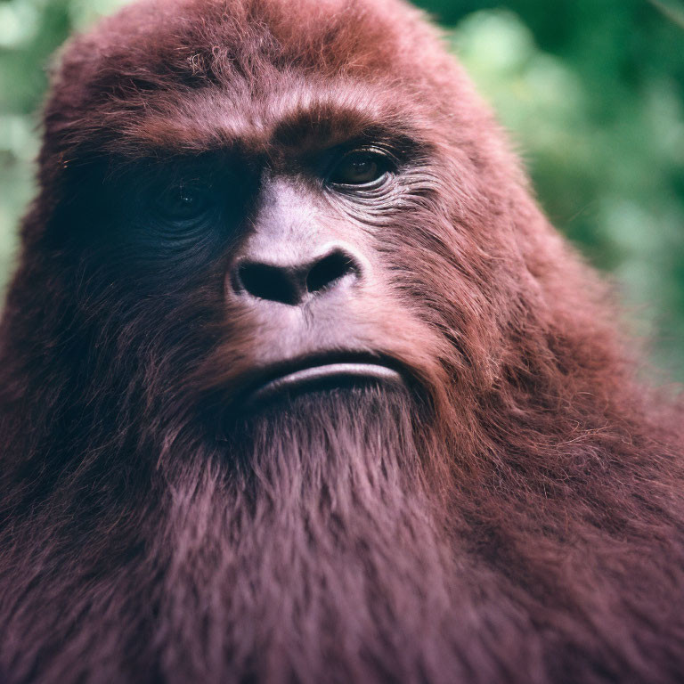 Brown gorilla with thoughtful expression in close-up against green background