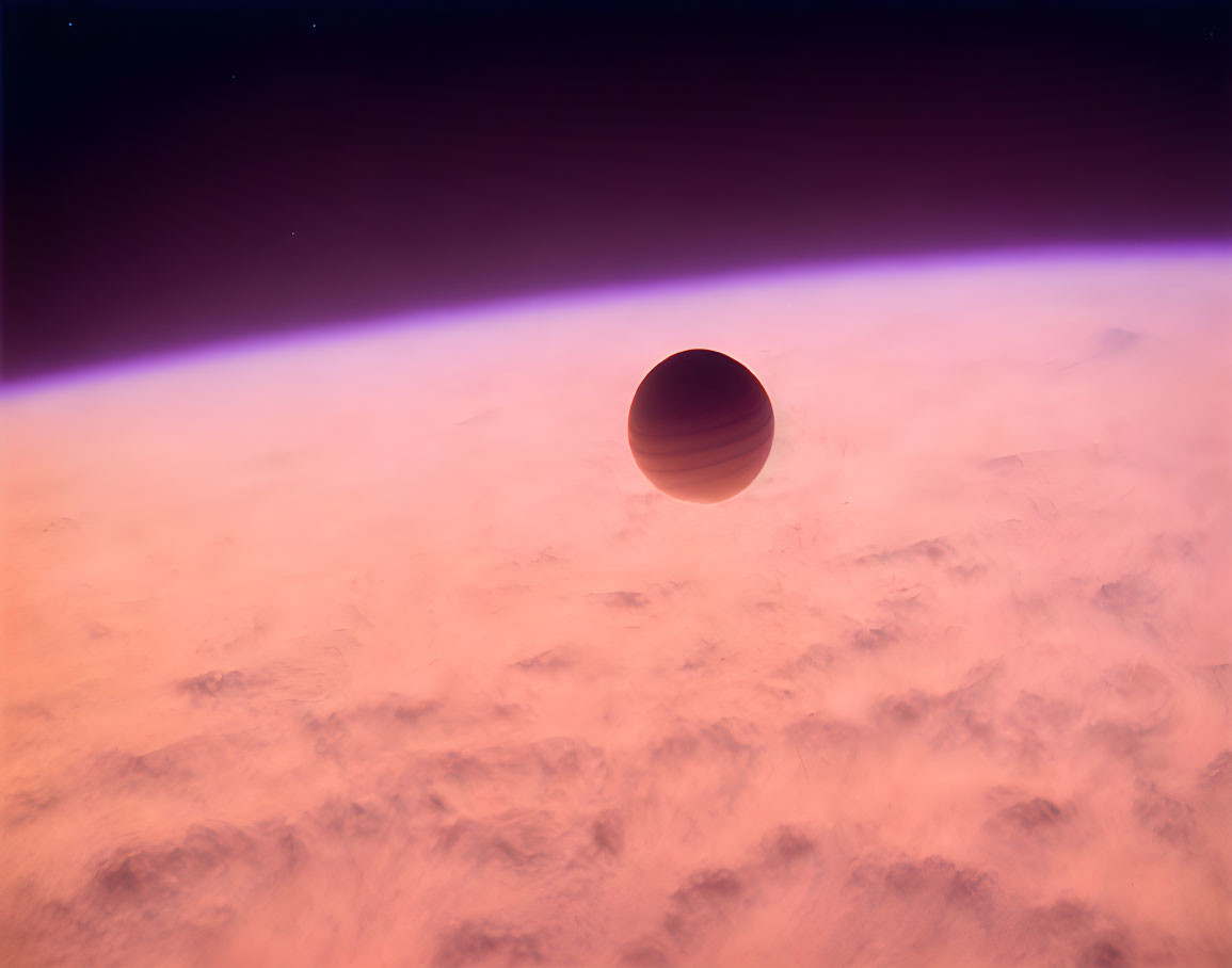 Striped planet in alien atmosphere with starry sky horizon.