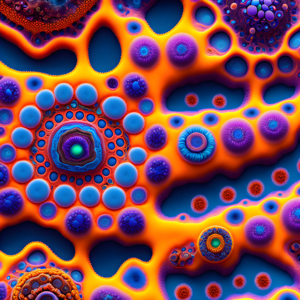 Colorful Fractal-Like Digital Art with Interlocking Circles in Neon Hues