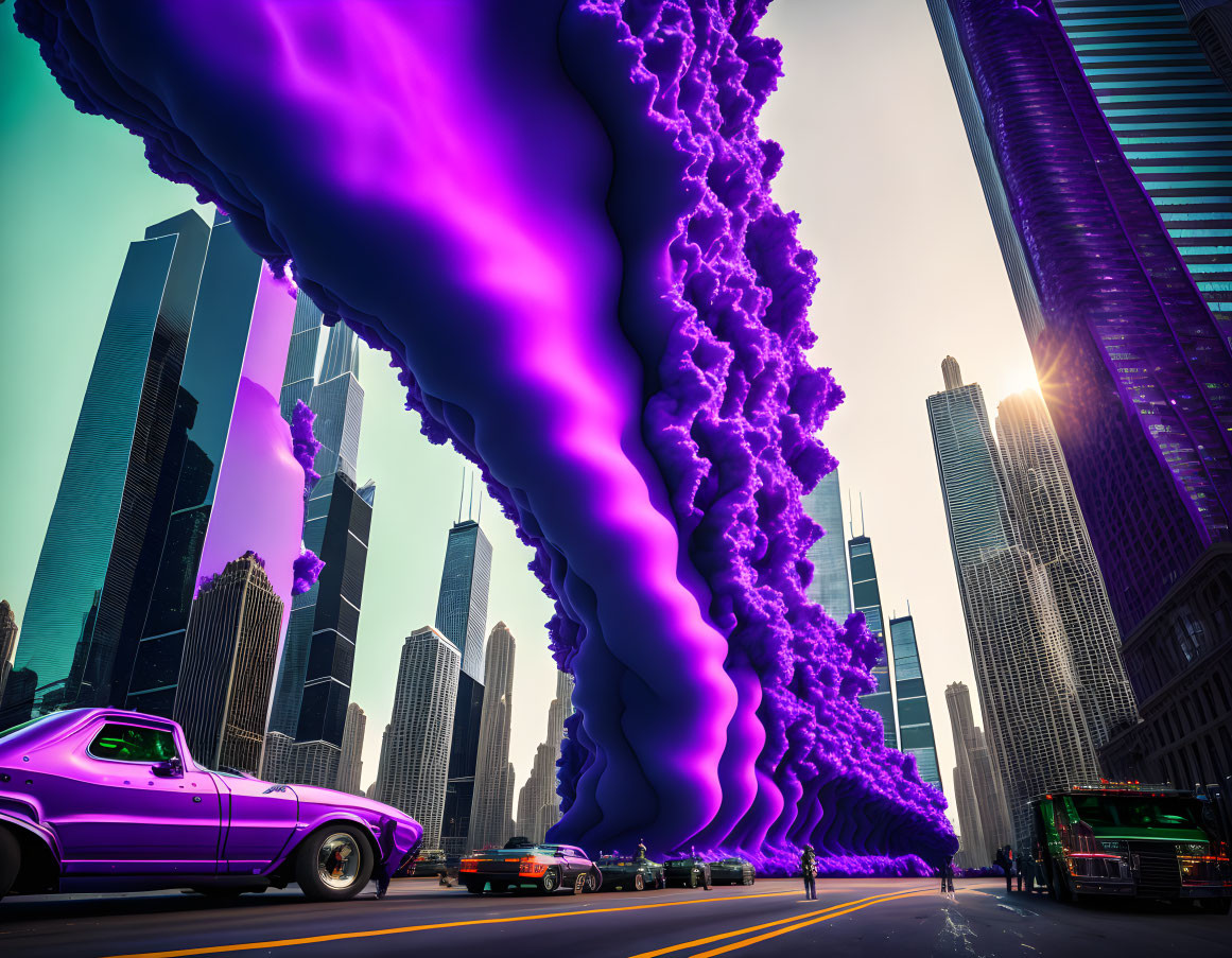 Cityscape with surreal purple smoke between skyscrapers and classic car.