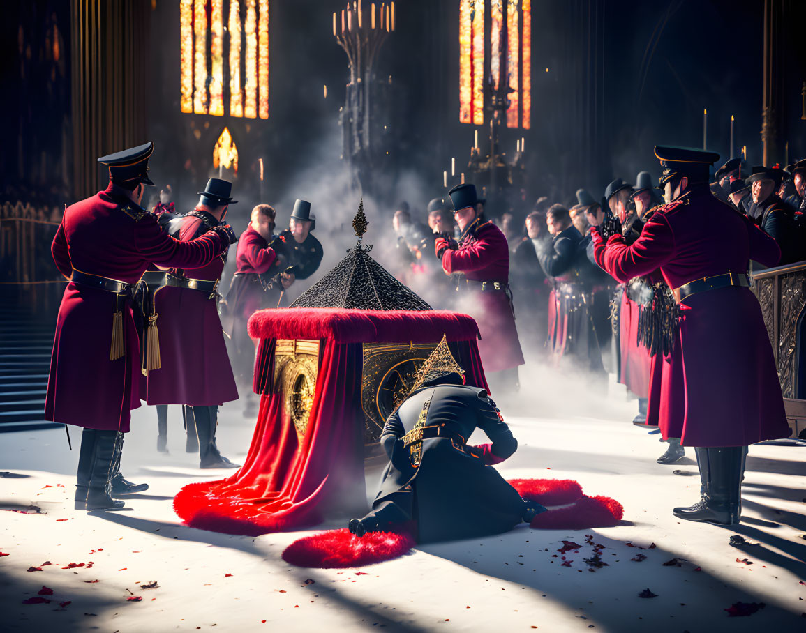 Ceremonial soldiers around regal coffin in cathedral with stained glass light