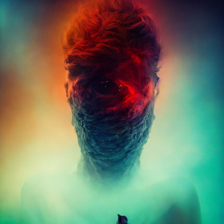 Surreal portrait with distorted face on multicolored background