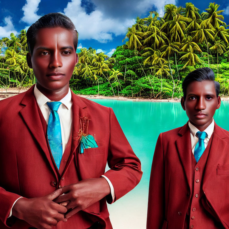 Two Men in Matching Red Suits with Blue Ties Standing in Tropical Setting