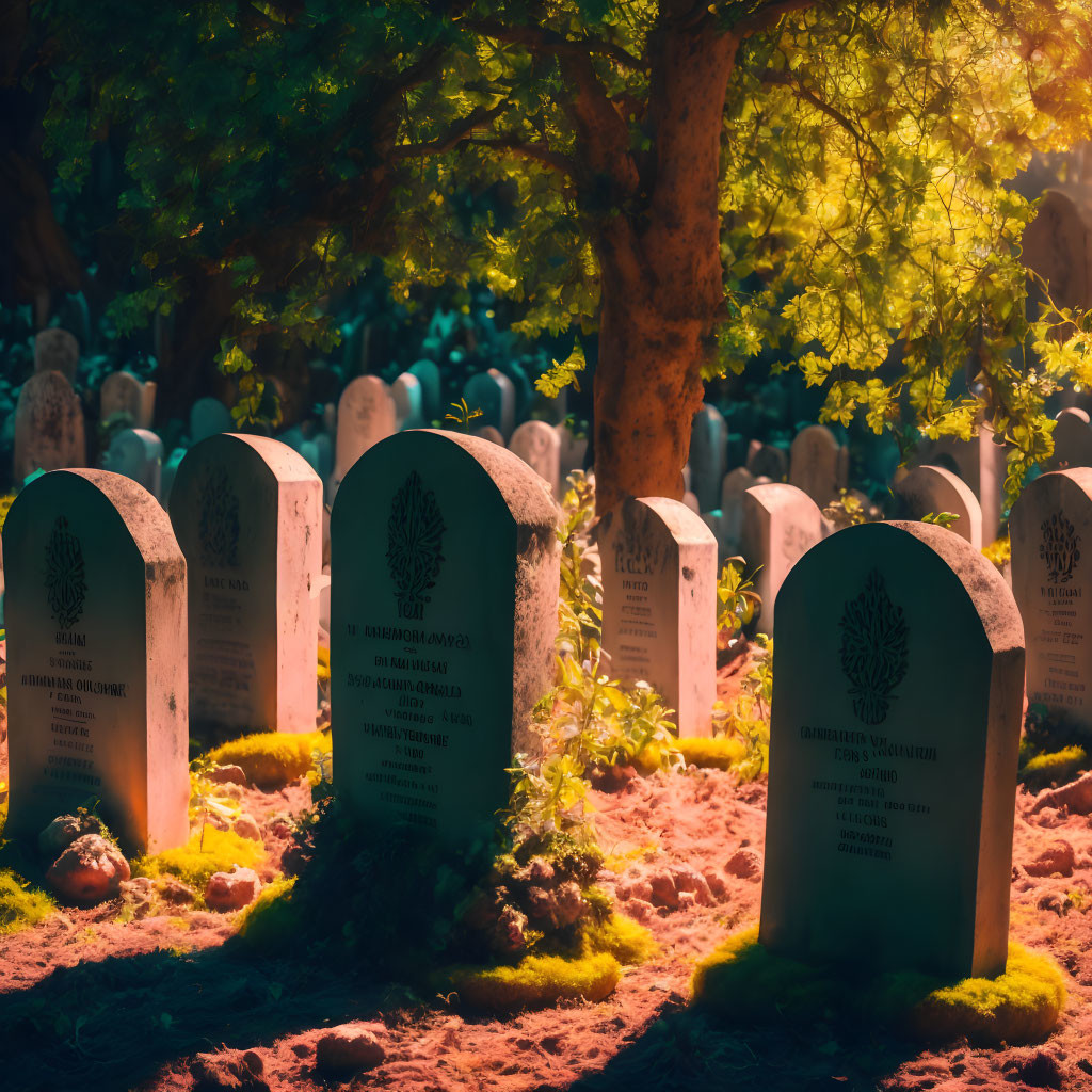 Sunlight filters through tree onto uniform gravestones in lush cemetery.