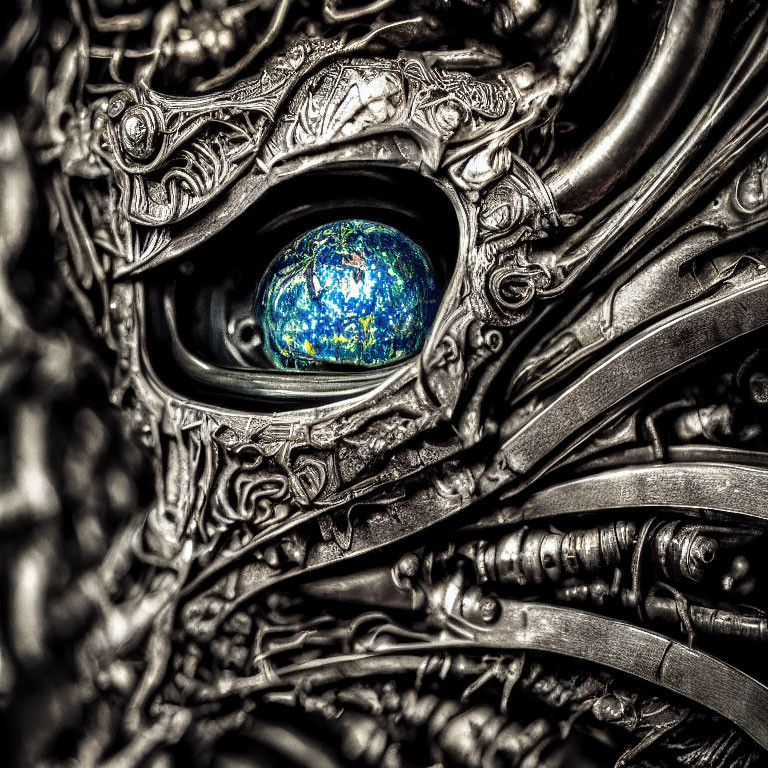 Detailed metallic sculpture with eye and iridescent pupil