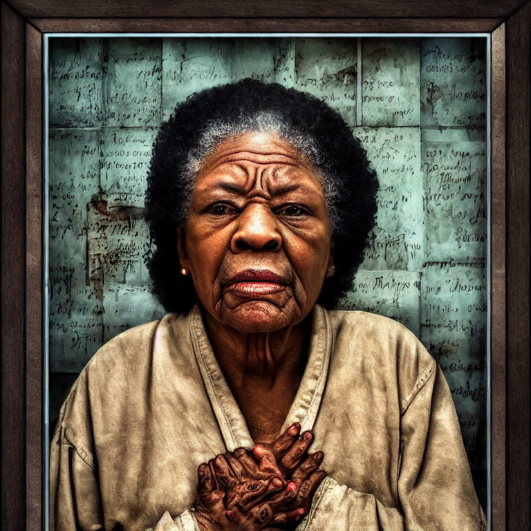 Elderly woman with solemn expression in window frame with handwritten text.