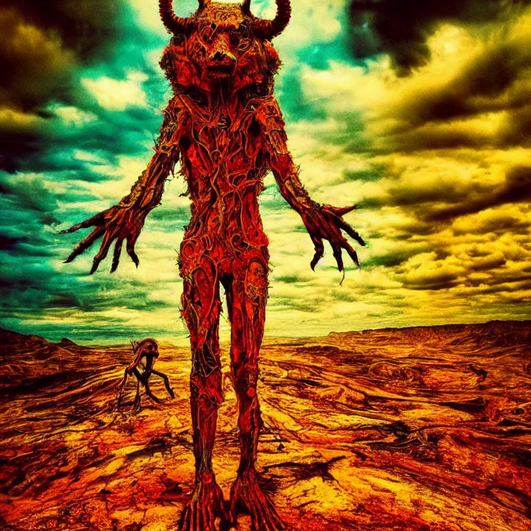 Red skeletal creature with horns in dystopian landscape under stormy sky