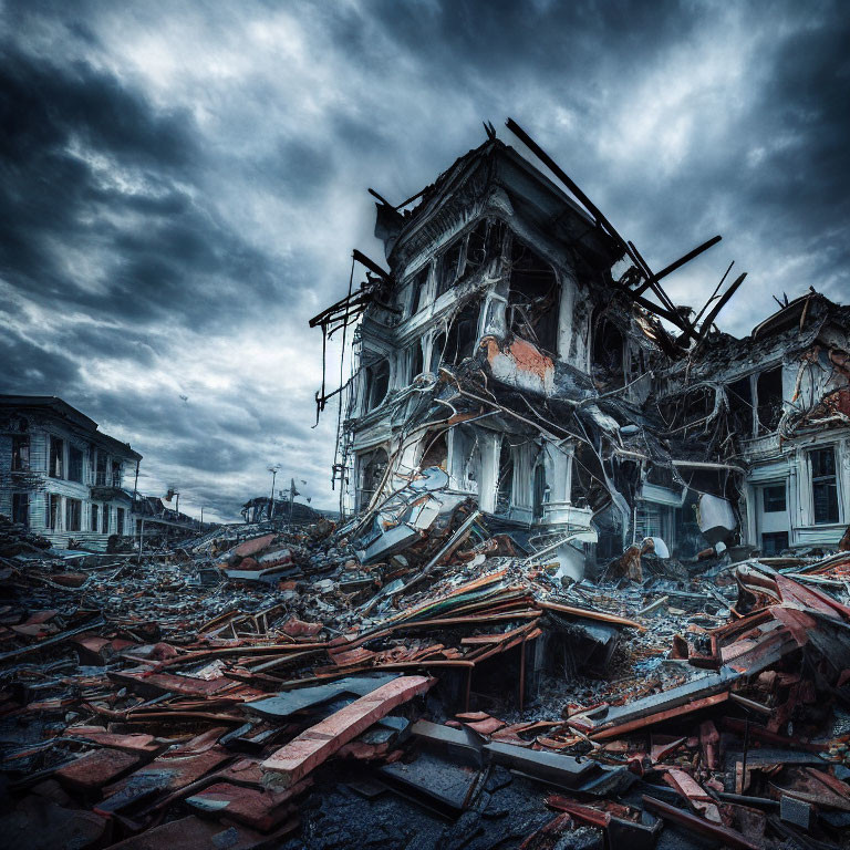 Abandoned building in ruins under stormy sky