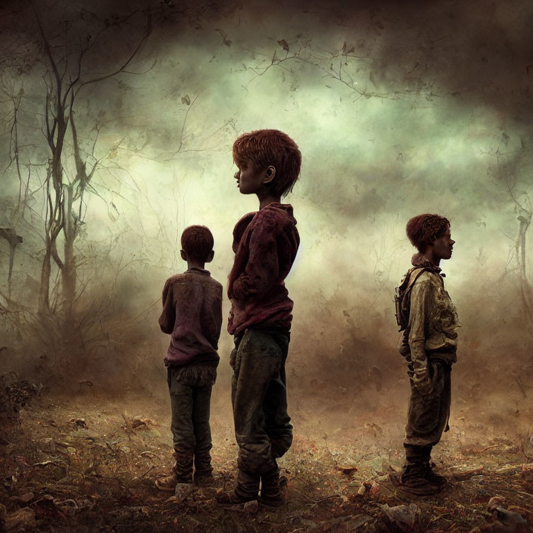 Three children in contemplative stance in gloomy forest clearing