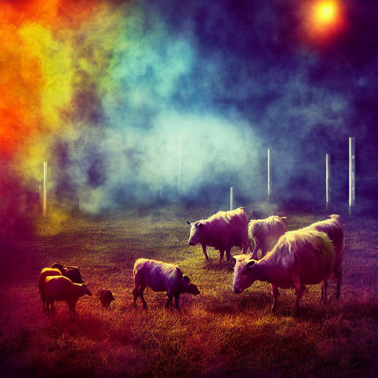 Mystical field with grazing sheep and colorful smoke