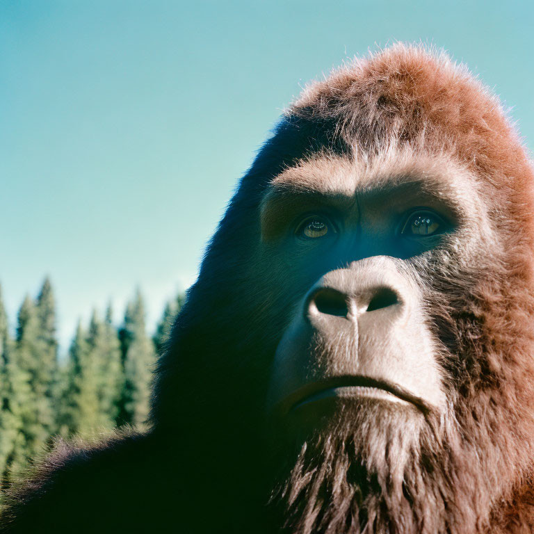 Gorilla's pensive face in forest setting