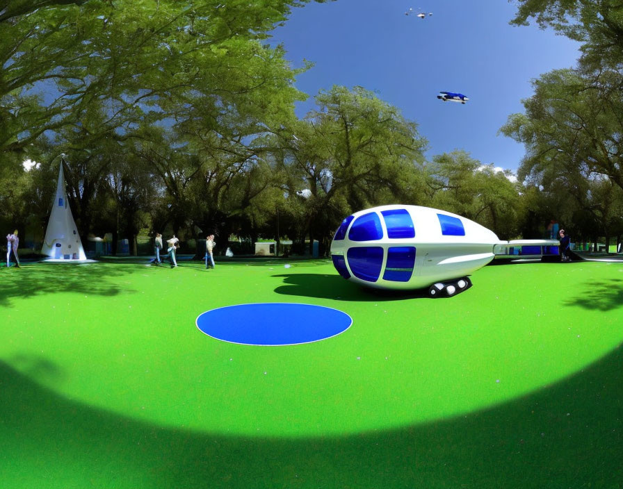 Futuristic egg-shaped vehicle with wheels on green lawn, people, trees, and drone.