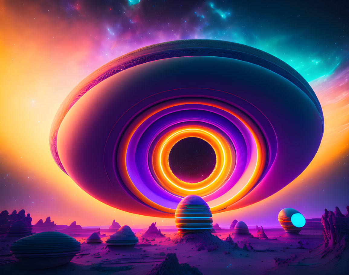 Colorful Ringed Planets Hovering Over Vibrant Fantastical Landscape