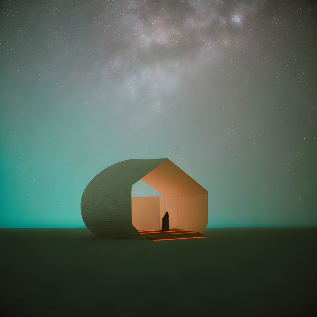 Solitary Figure in Hexagonal Illuminated Structure at Night