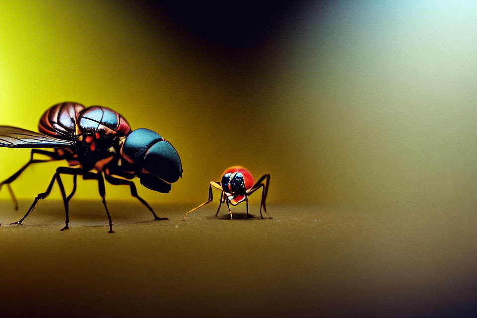 Iridescent flies on yellow-to-dark gradient background