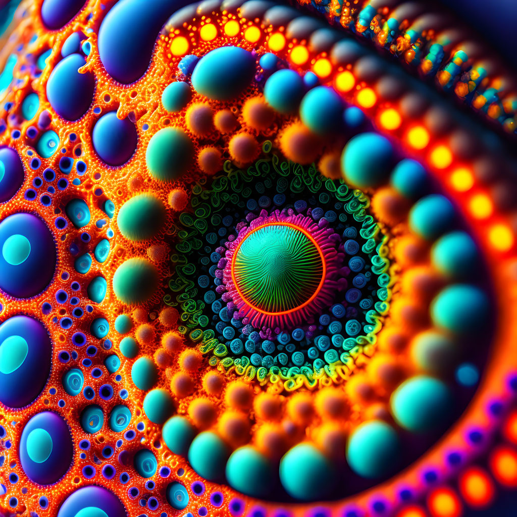 Colorful fractal image with intricate circular patterns and hypnotic spiraling center.