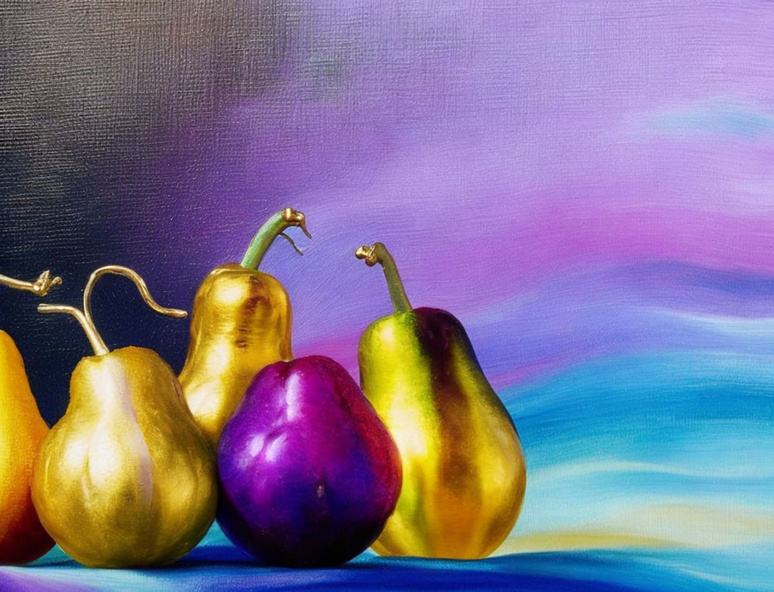 Vibrant painting of gilded pears on purple background