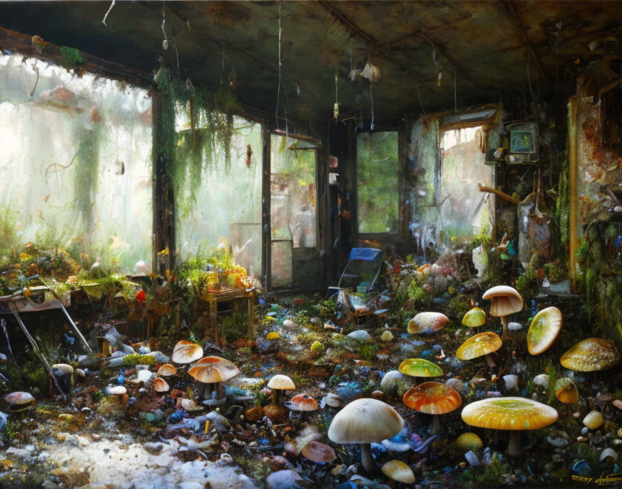 Sunlit Overgrown Abandoned Room with Mushroom-Covered Floor