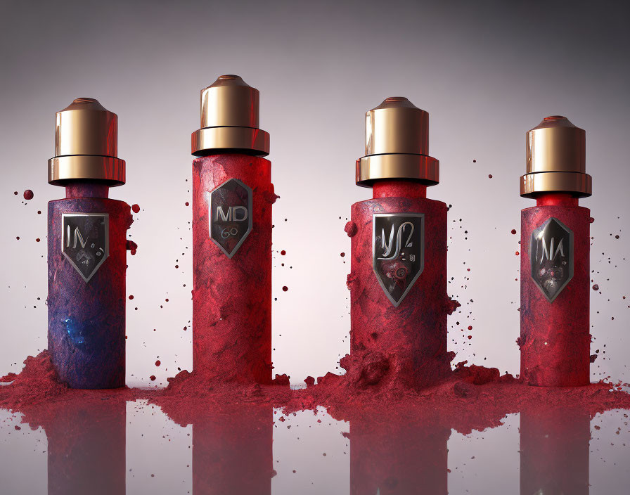 Four Red-Blue Gradient Spray Bottles with Gold Caps on Grey Background