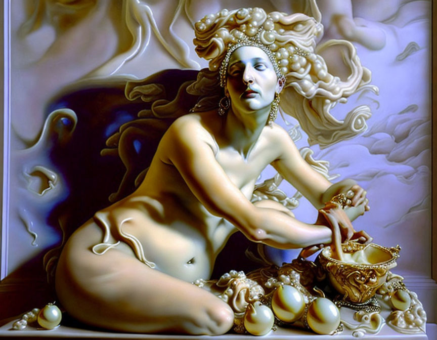 Surreal nude woman painting with elaborate hair and pearls