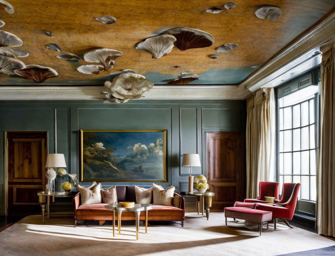 Luxurious Green and Gold Room with Unique Shell-Adorned Ceiling