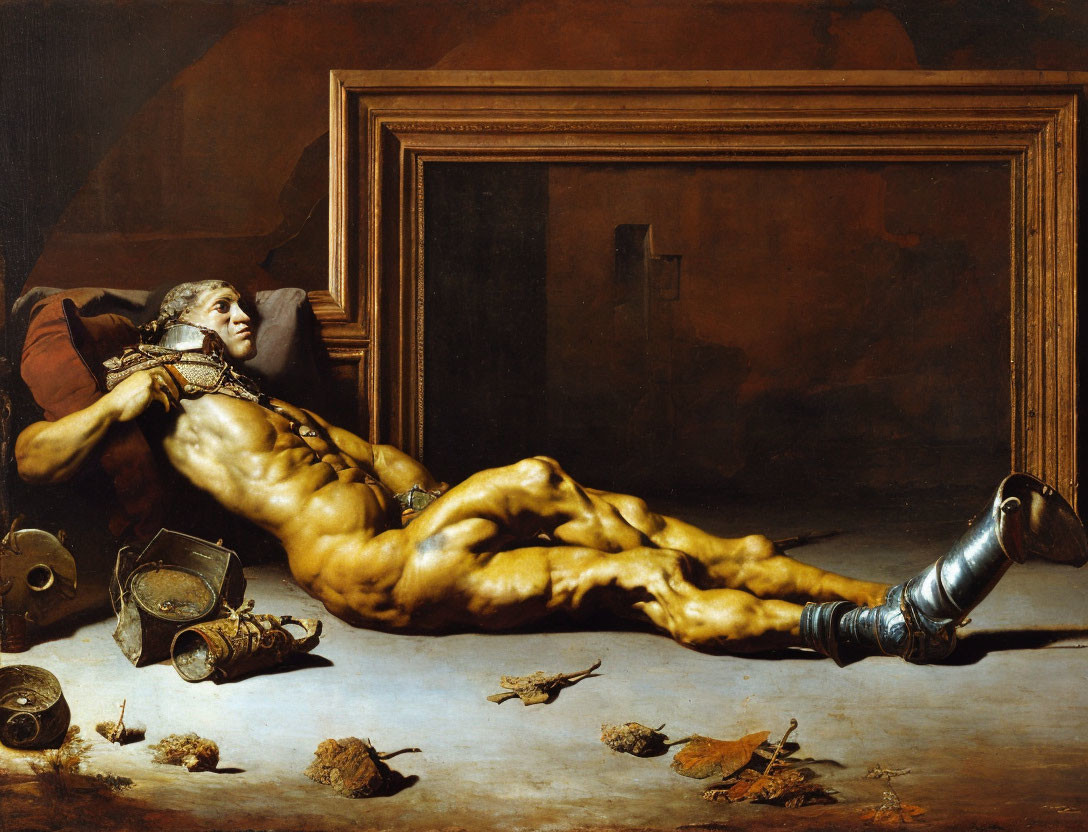 Classical painting of reclined muscular man in armor with contemplative expression