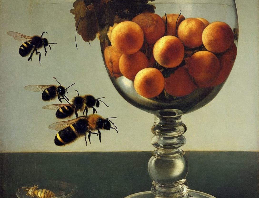 Realistic still life painting of ripe apricots with bees in glass bowl