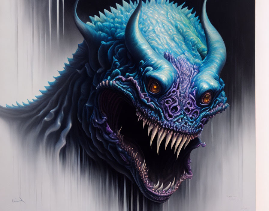 Dragon painting with blue scales and yellow eyes on white background