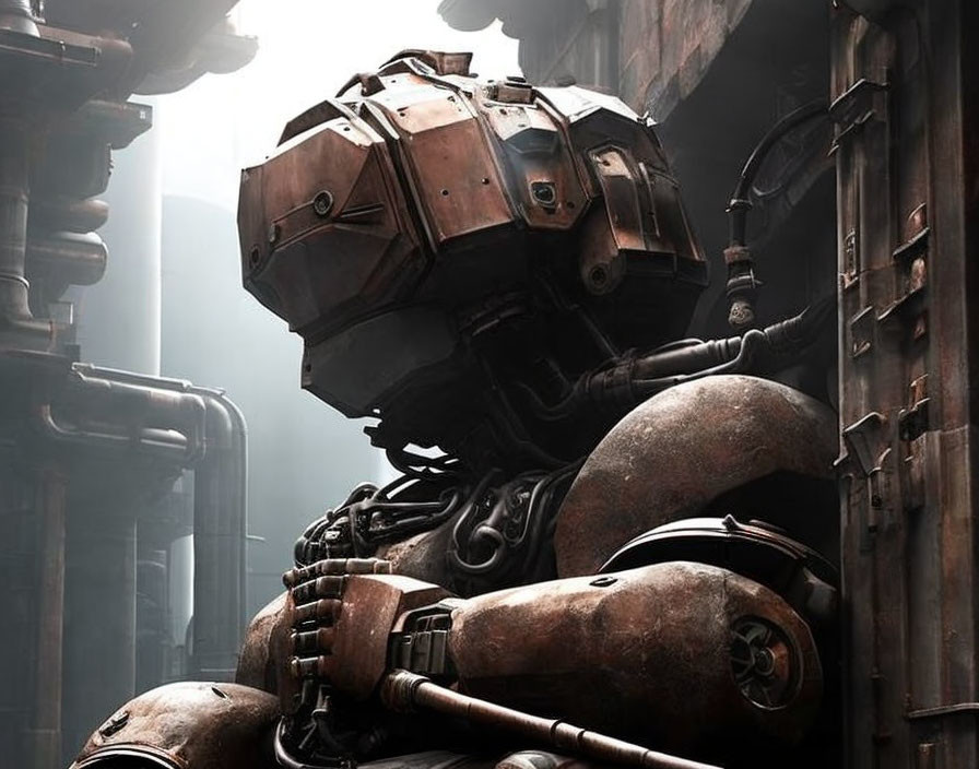 Rusted mech with articulated arms in industrial setting