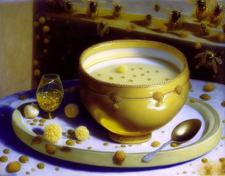 Hyperrealistic Painting: Golden Bowl of Honey with Bees, Spoon, Glass, and Dandel