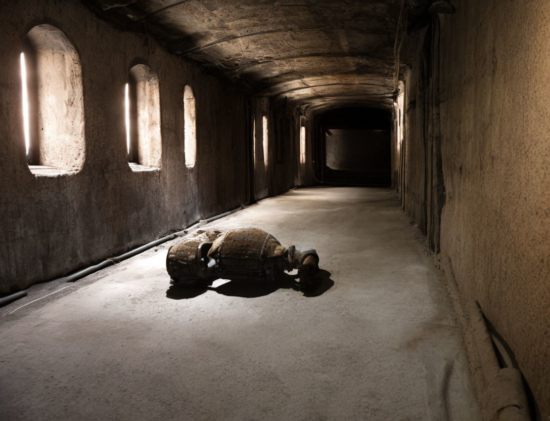 Solitary figure in dimly lit corridor with arched windows