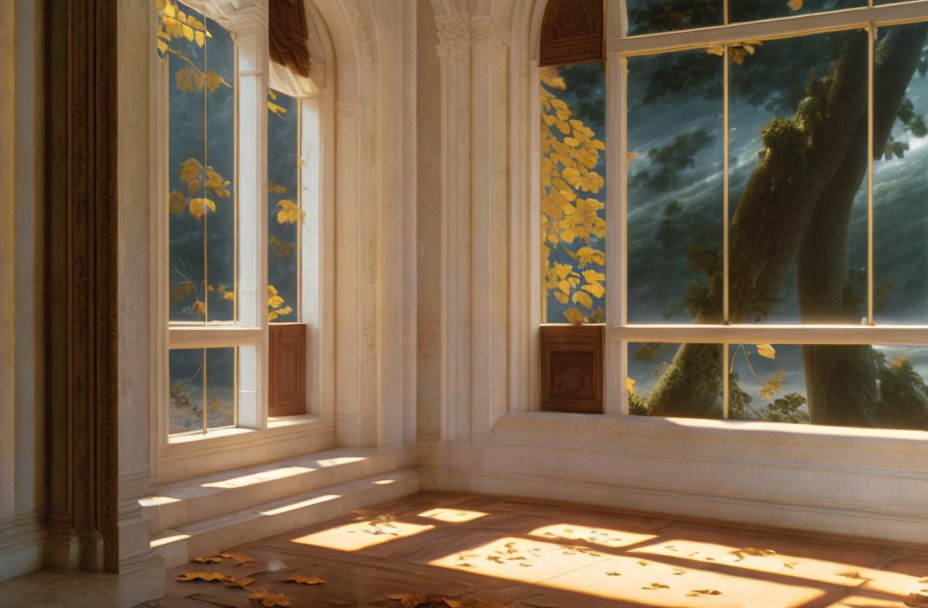 Sunlit classical room with autumn leaves and wooden floor.