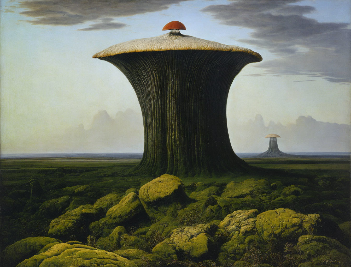 Spacious landscape featuring large mushrooms and moss-covered ground