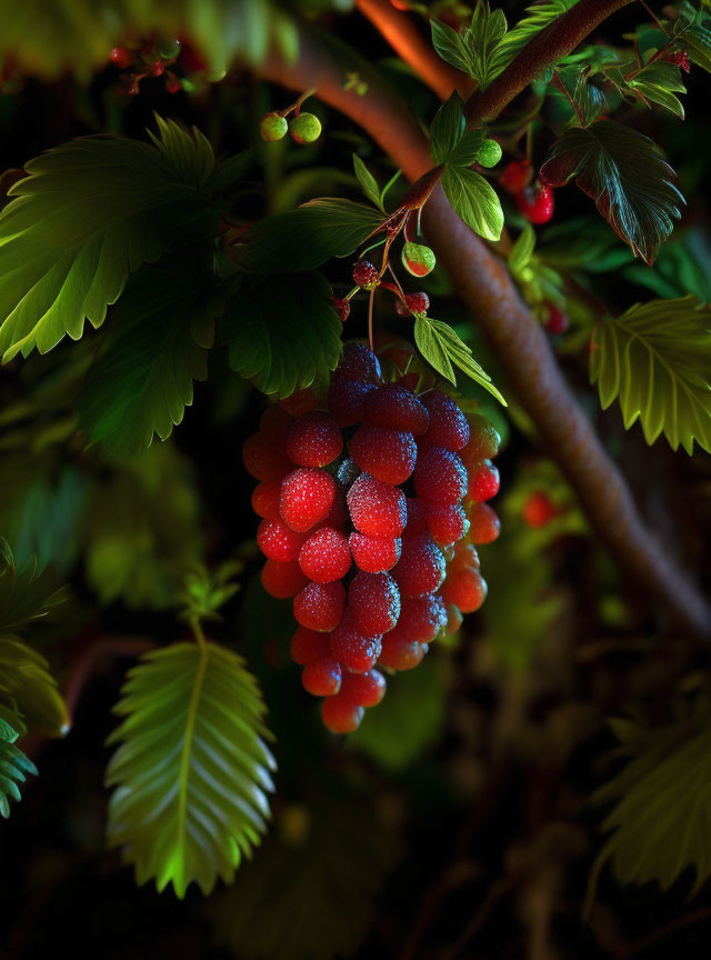 Ripe red berries on tree with dark background