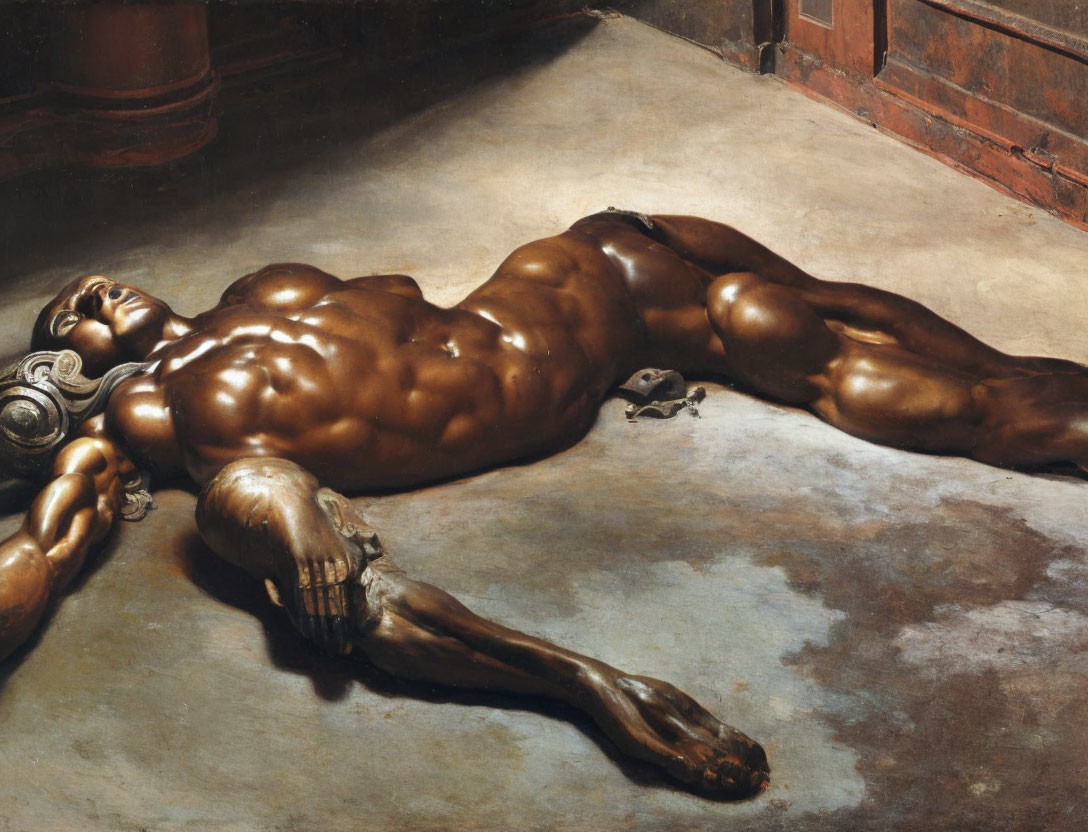 Hyperrealistic Painting of Exhausted Muscular Figure with Detailed Anatomy