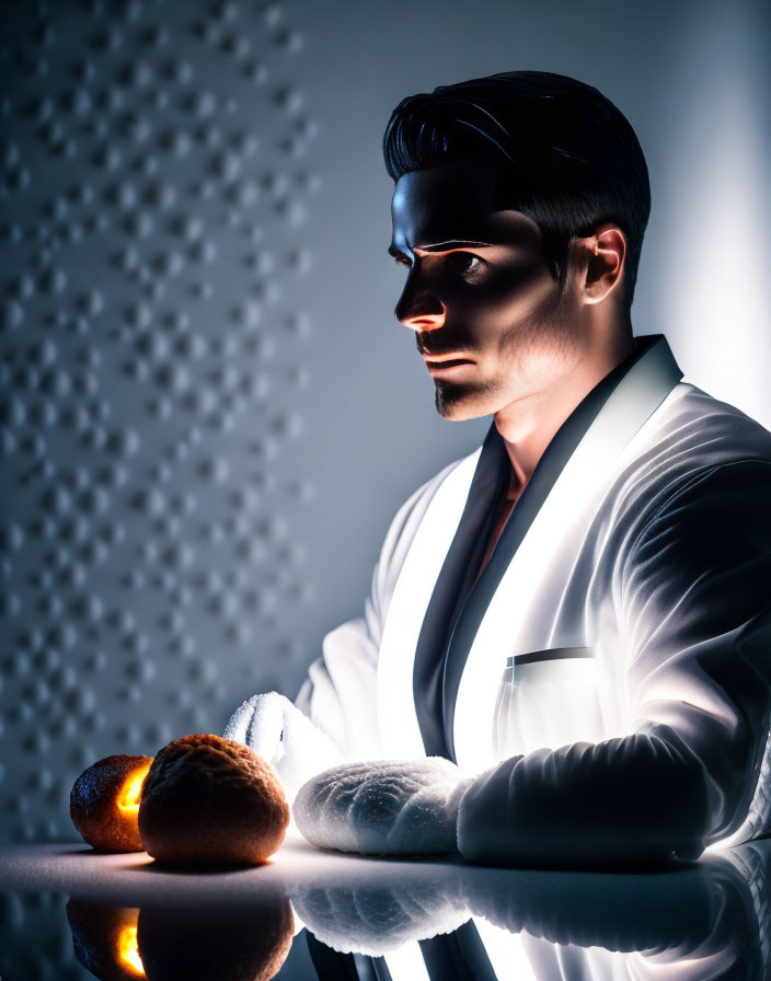 Stylized image of man wearing black mask with illuminated bread on reflective surface