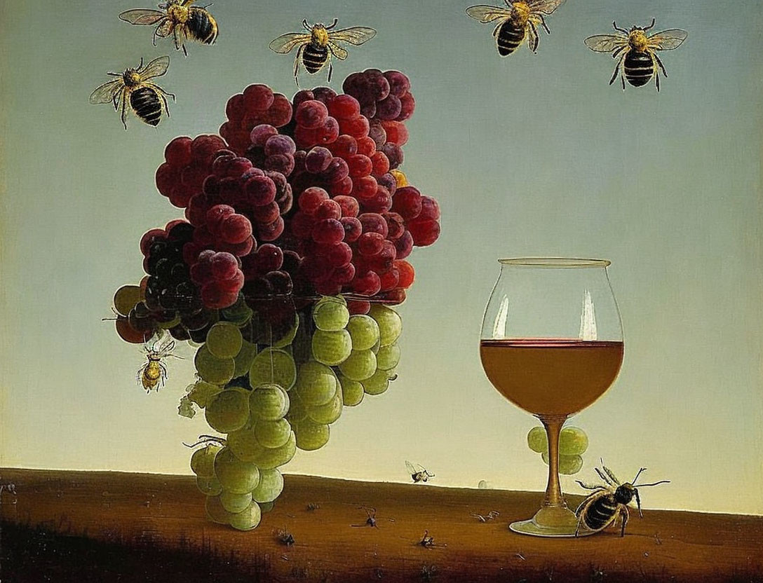 Multicolored grapes with bees and wine on minimalist background