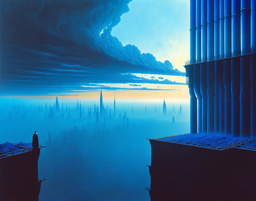 Person standing in surreal landscape with futuristic city skyline and towering columns