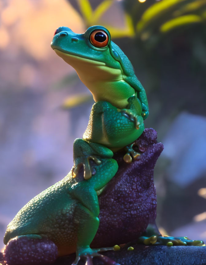 Vibrant Green and Purple Animated Frog on Rock in Soft Sunlight