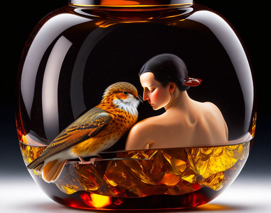 Colorful Glass Vase with Bird and Woman Design