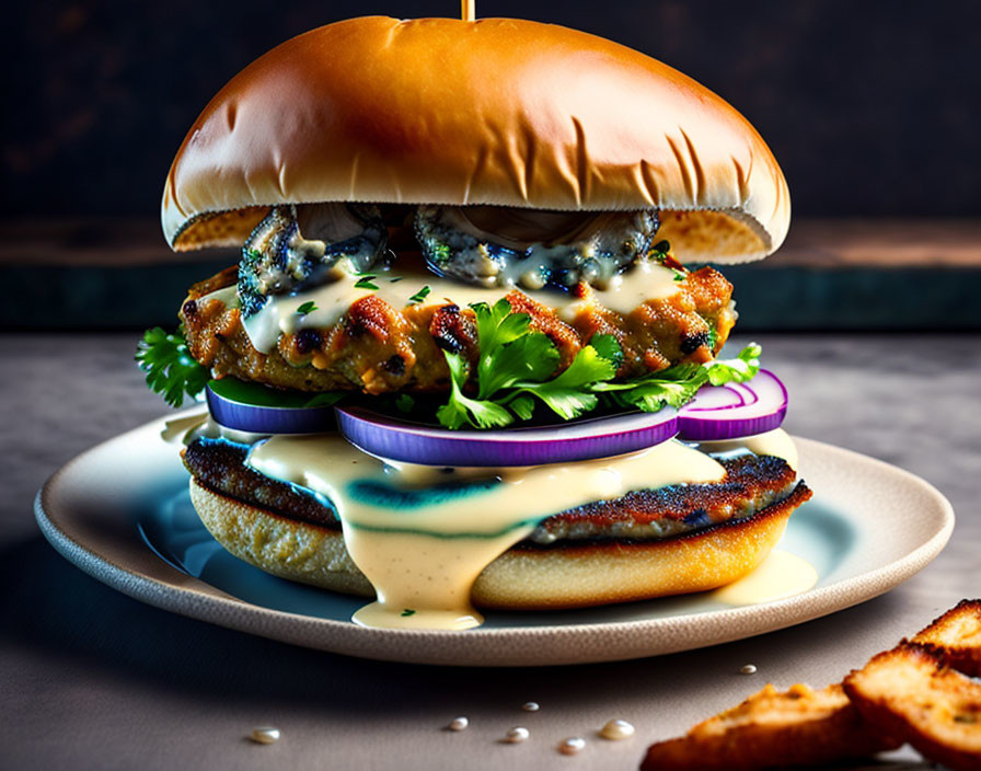 Juicy Gourmet Burger with Melted Cheese, Onion Rings, and Creamy Sauce on Toast