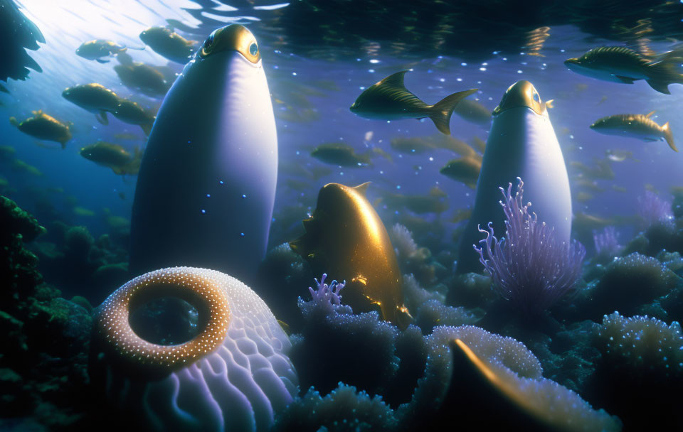 Colorful Fish Swimming in Coral Reef Under Sunlight