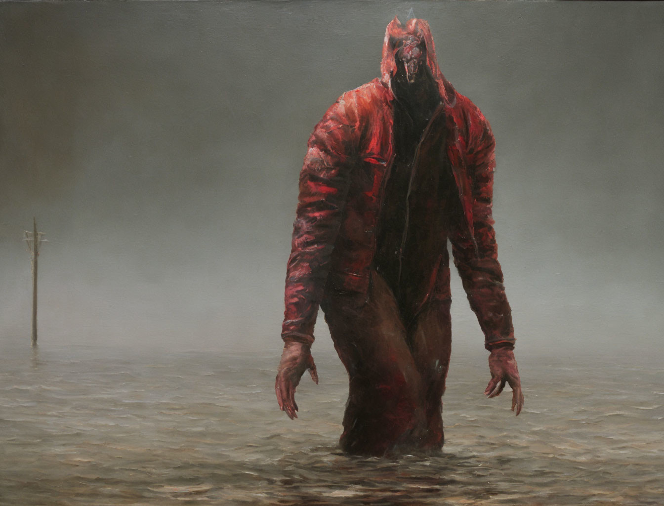 Misty Scene: Hellboy-like Figure in Shallow Water